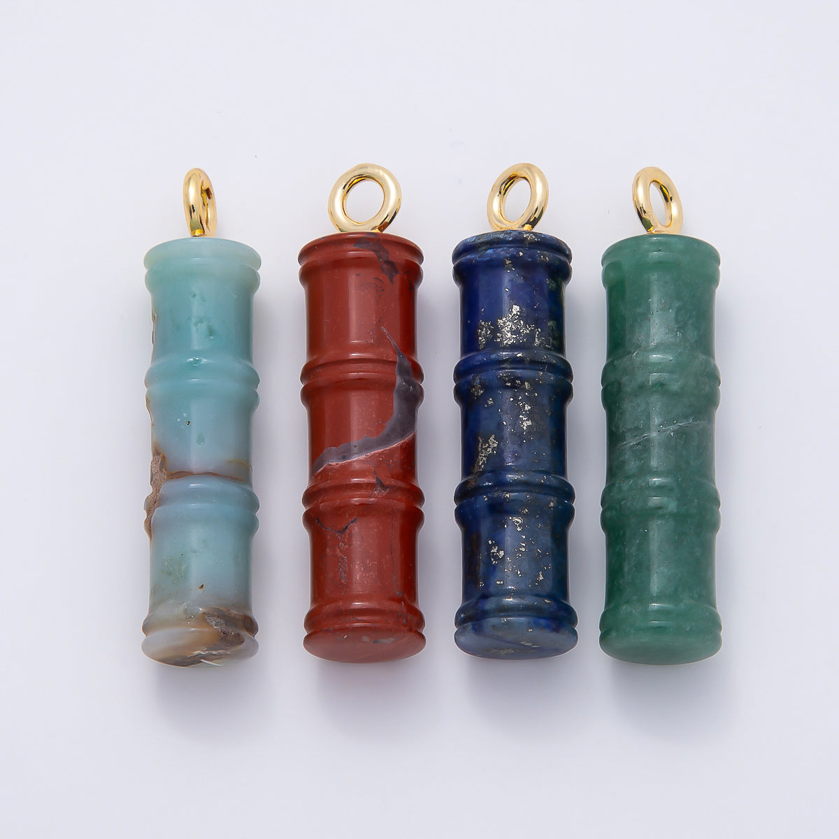 16K Gold Filled 50mm Lapis Lazuli, Aventurine Red Jasper, Amazonite Gemstone Tube Cylinder Charm | Charms-01069 ~ Charms-01072