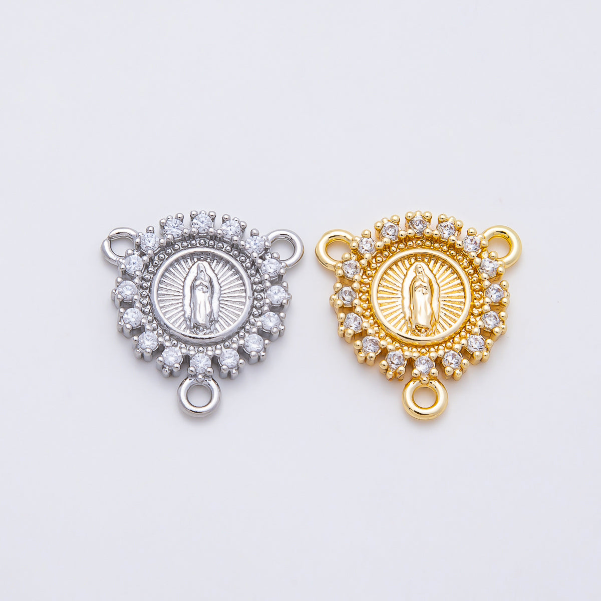 16K Gold Filled Mother Mary Micro Paved CZ Round Triple Connector in Gold & Silver | Findings-00238 Findings-00239