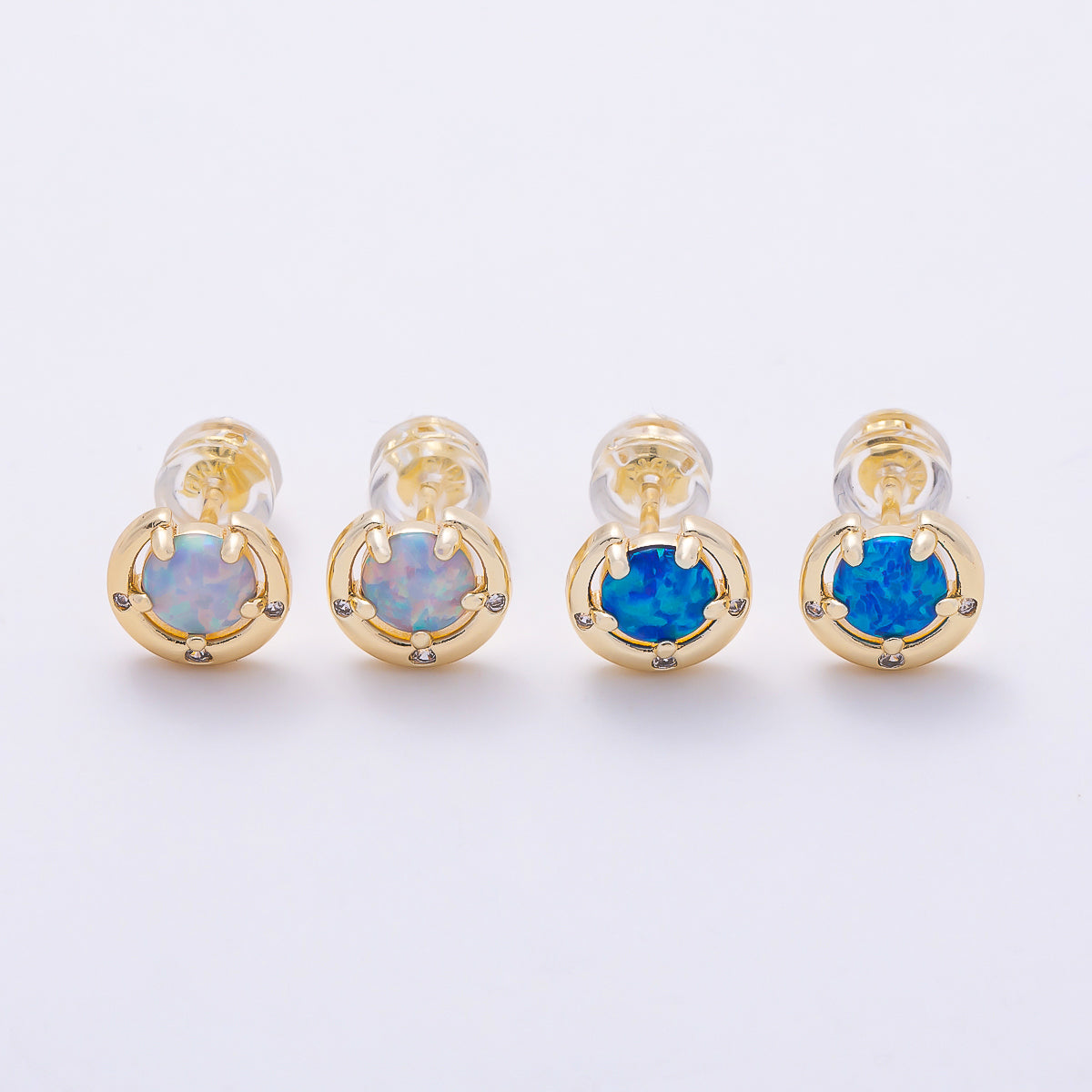 14K Gold Filled 8mm White, Blue Opal Clear CZ Dotted Curved Round Bezel Stud | Earrings-00464 Earrings-00465