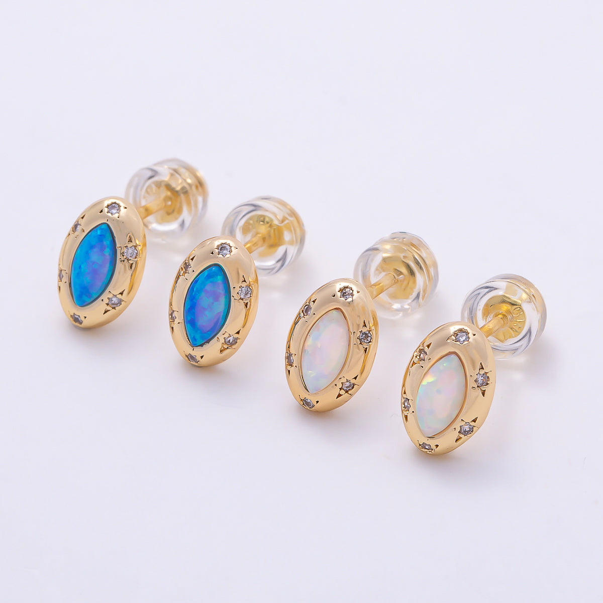 14K Gold Filled 9.5mm White, Blue Opal CZ Star Dotted Marquise Navette Bezel Stud | Earrings-00466 Earrings-00467