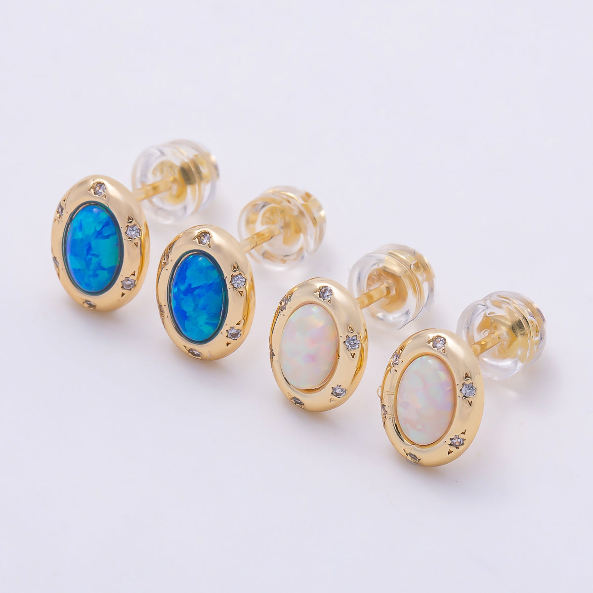 16K Gold Filled 14mm White, Blue Opal CZ Dotted Oval Bezel Stud Earrings | Earrings-00462- Earrings-00463