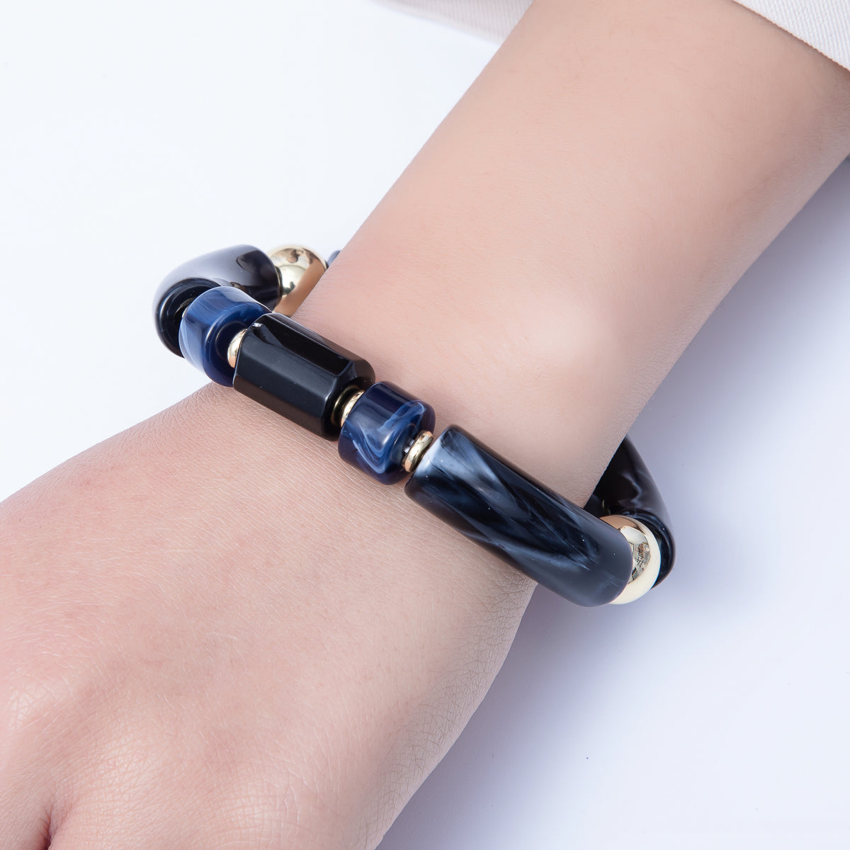 6mm Black Nero Marquina Gemstone Bead Stretch Bracelet | WA-3972