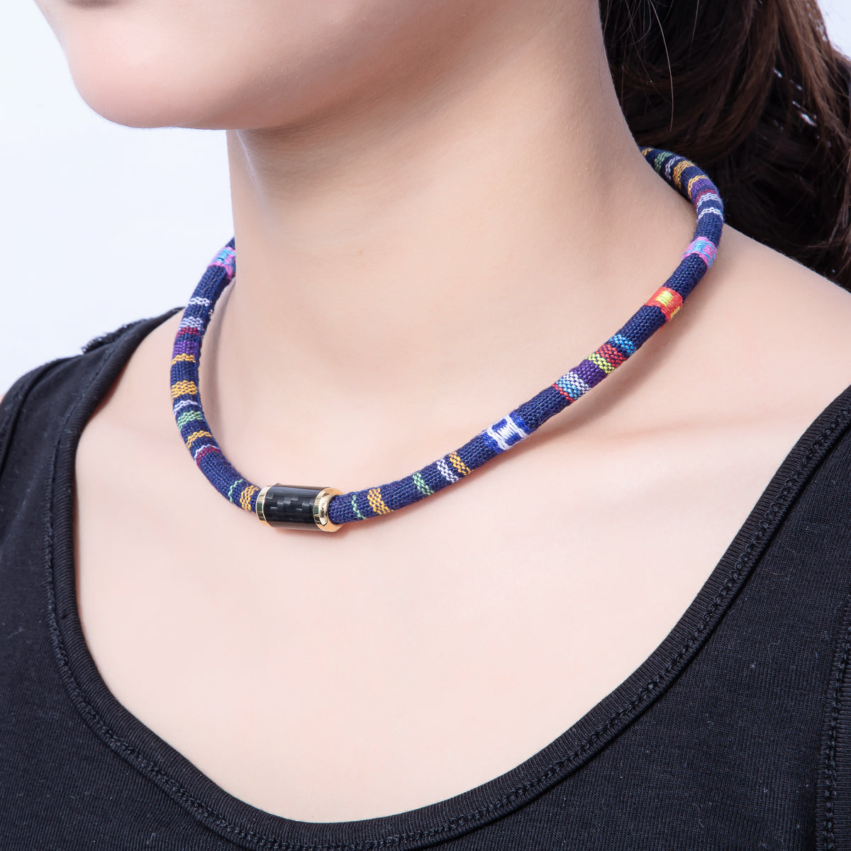 10mm Blue Multicolor Embroidered Fabric Cord 16.54 Inch Necklace | WA-3955