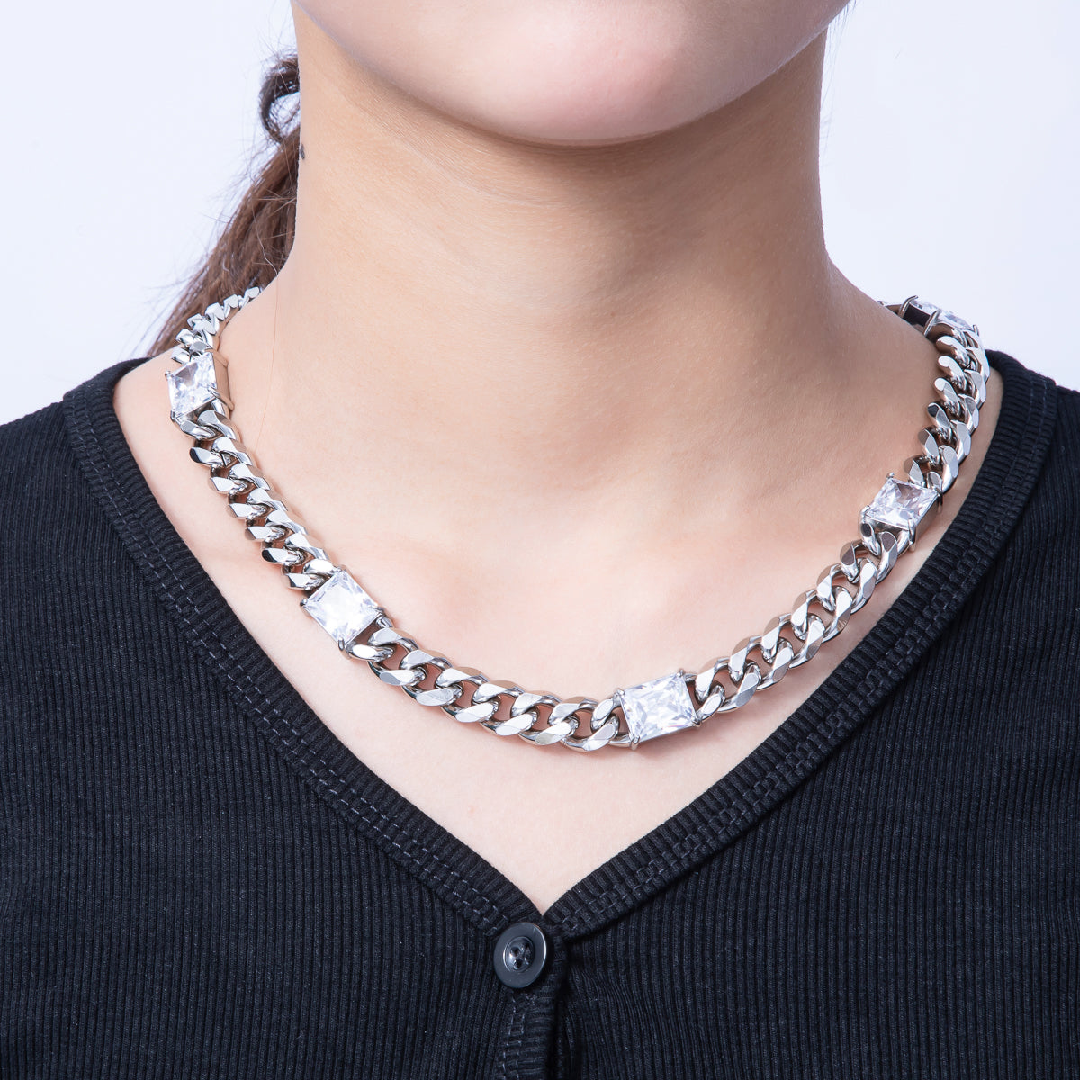 18K Gold PVD Stainless Steel 12mm Clear CZ Baguette Curb Chain 18 Inch Necklace in Gold & Silver | WA-3941 WA-3942