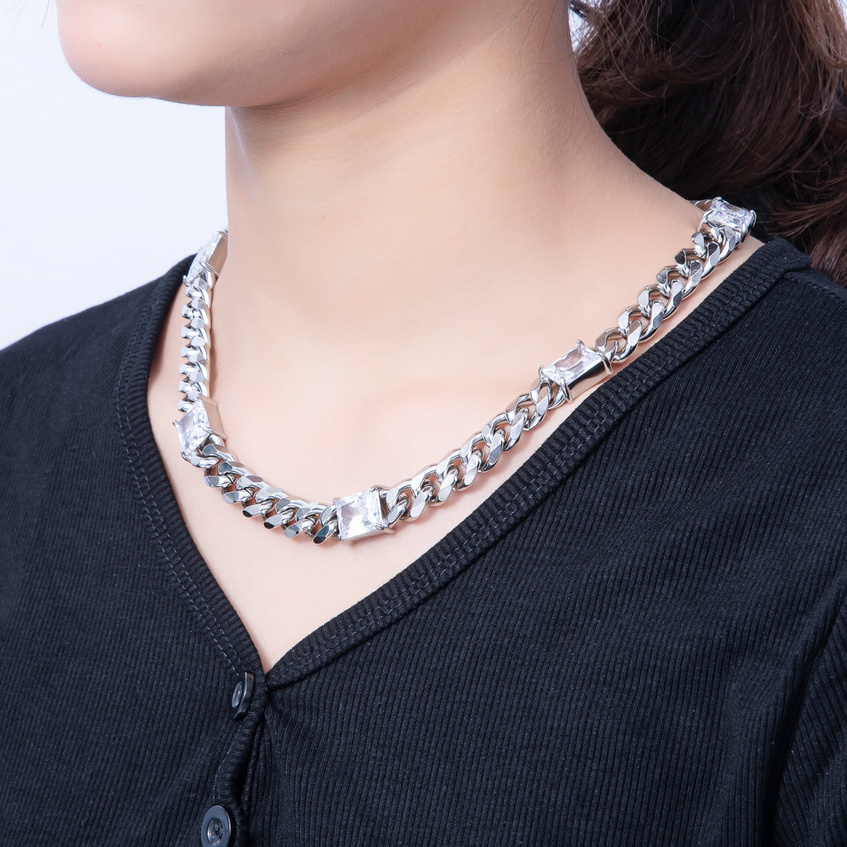 18K Gold PVD Stainless Steel 12mm Clear CZ Baguette Curb Chain 18 Inch Necklace in Gold & Silver | WA-3941 WA-3942