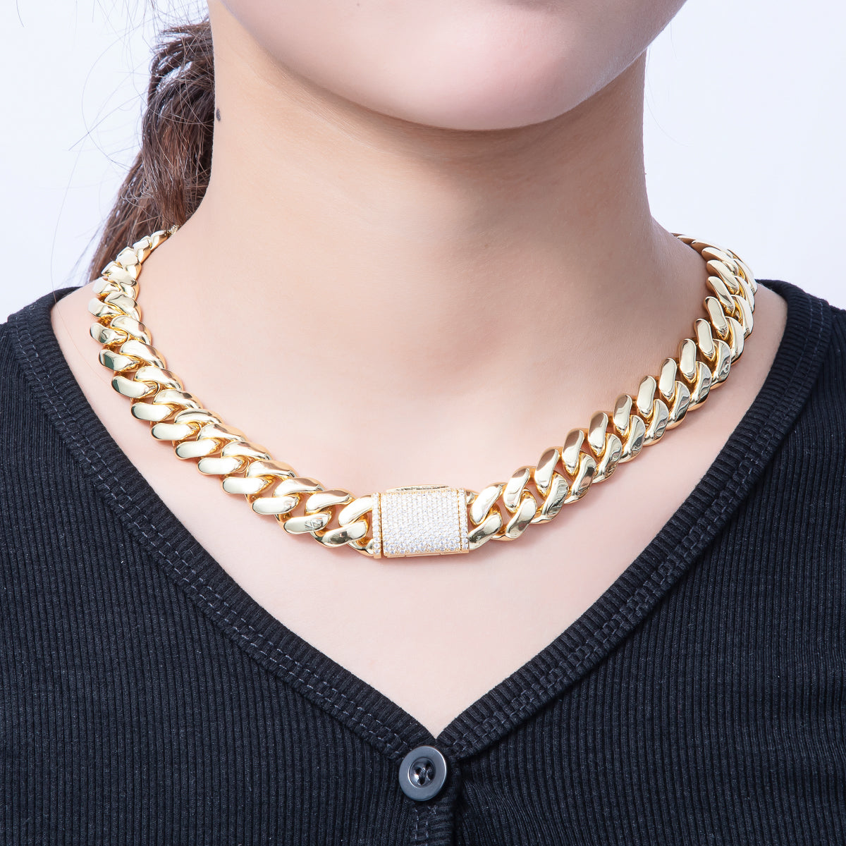18K Gold Filled 12mm Curb Chain Micro Paved Clasps 17.3 , 17.7 Inch Necklace | WA-3945