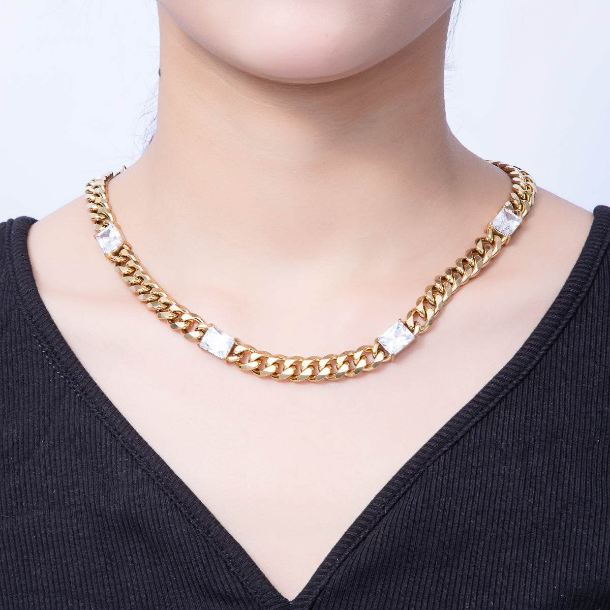 Stainless Steel 9.5mm Clear CZ Baguette Curb Chain 18 Inch Necklace in Gold & Silver | WA-3943 WA-3944