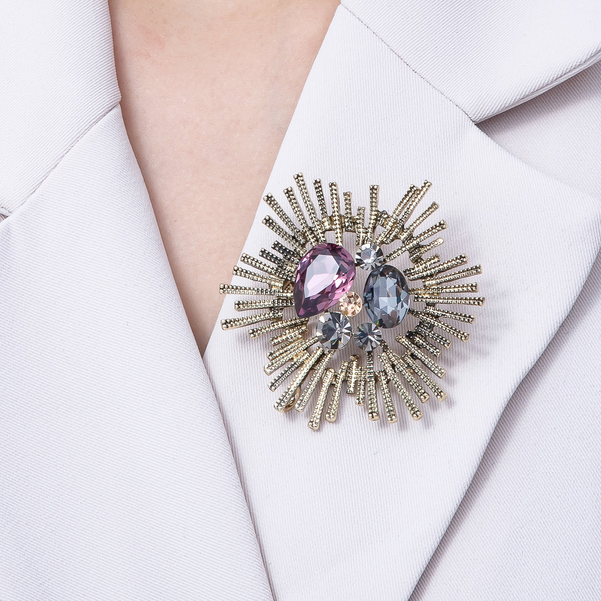 Vintage Antique Gold Mix Shape Multi Color Crystal Brooch Celestial Pin | BH-005