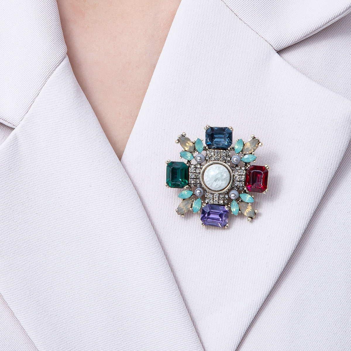 Vintage Antique Gold Multi Color Crystal Brooch Red Geren Blue Cross Crystal Pin | BH-003