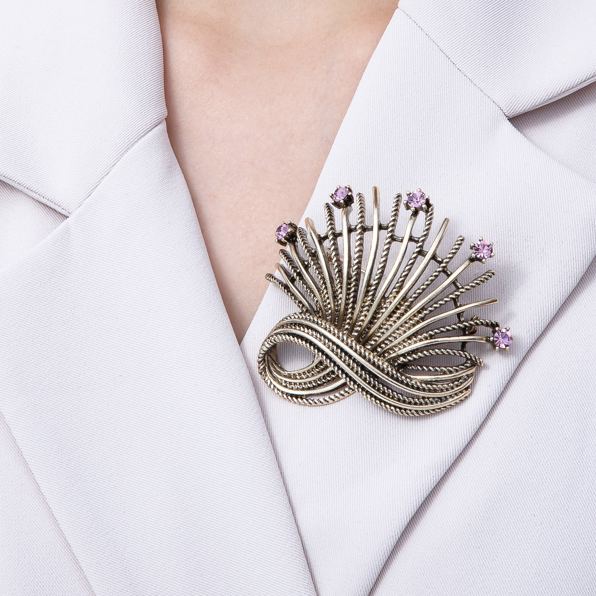 Vintage Gold 68mm x 67mm Pink Rhinestone Curved Geometric Pin Brooch | BH-079