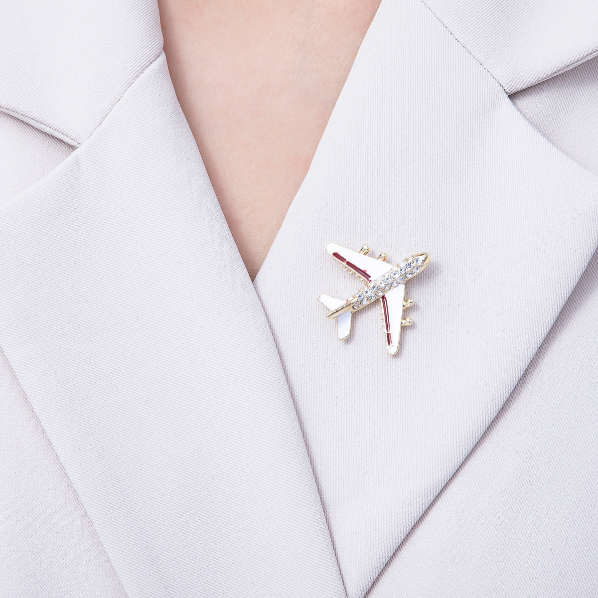 Gold Rhinestone White Enamel Airplane Travel Pin Brooch | BH-051