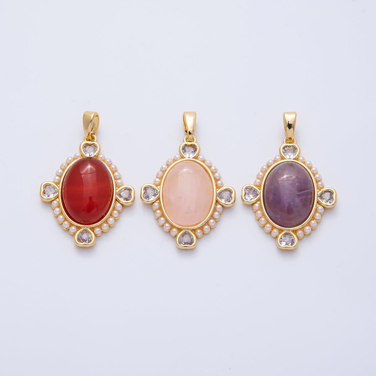 18K Gold Filled 25mm White Shell Pearl Heart CZ Shaped Oval Natural Gemstone Pendant | Charms-00079
