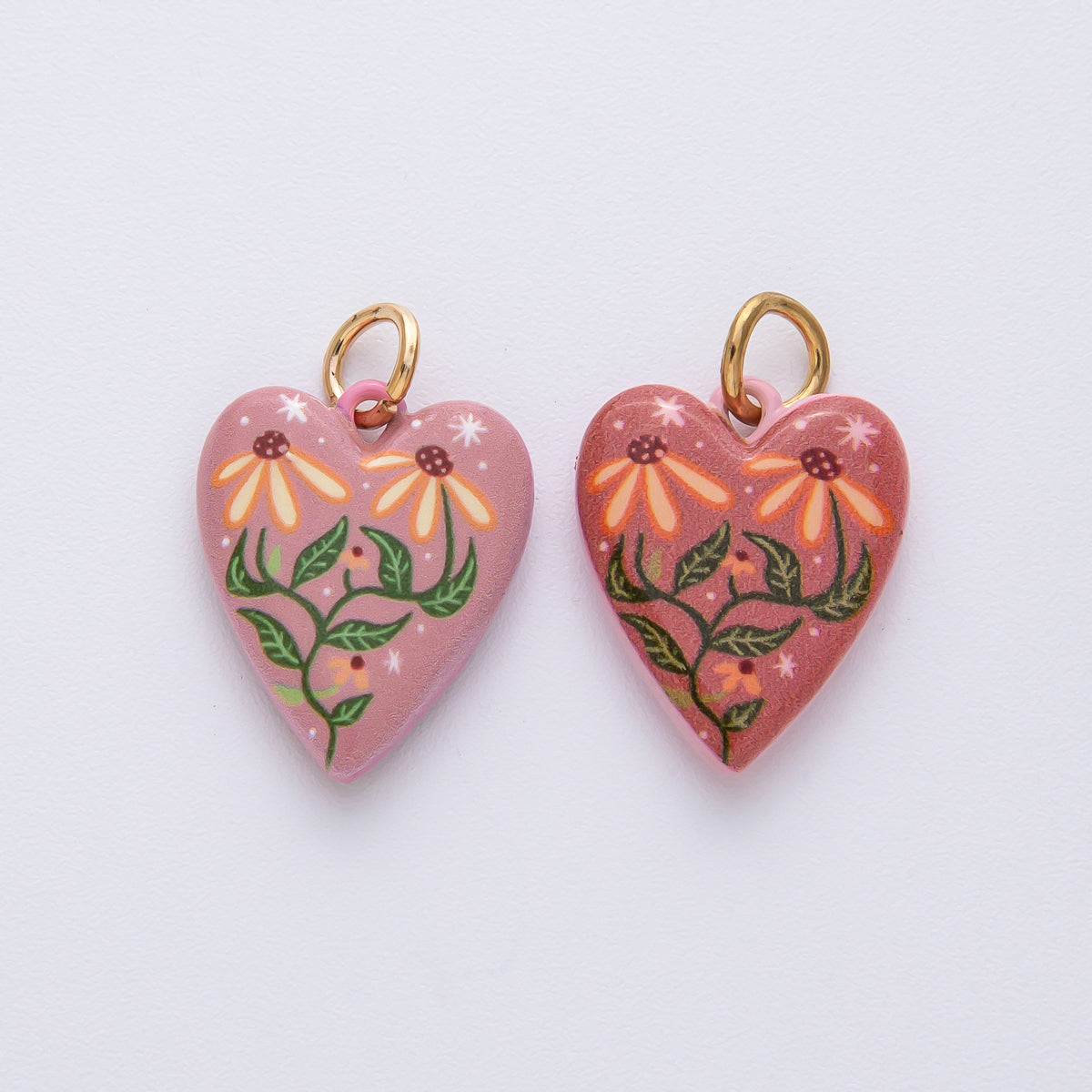 18K Gold Filled 19.5mm Pink-Red Double Sided Flower Enamel Heart Charm | AF1617