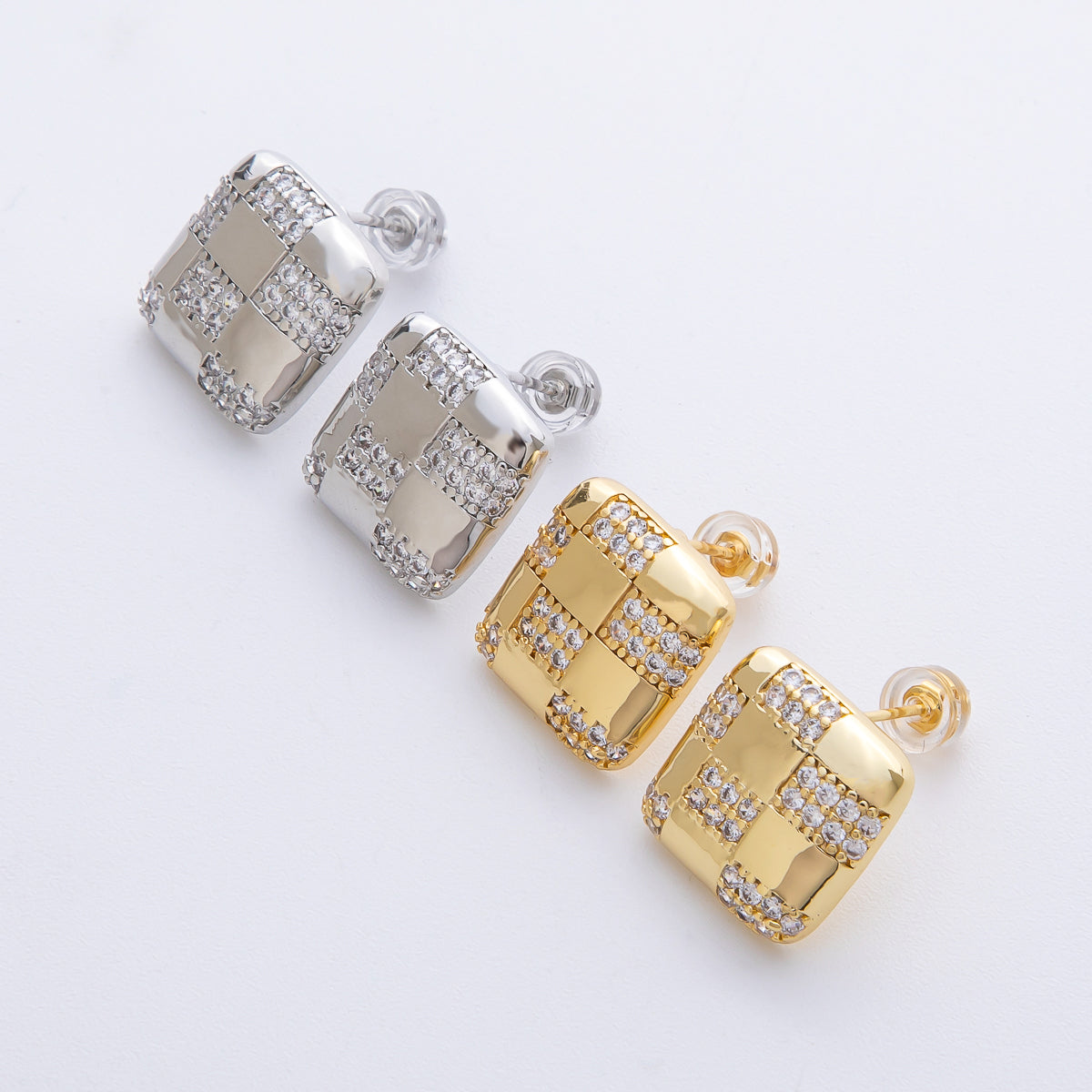14K Gold Filled 15mm Micro Paved CZ Checkered Square Stud Earrings in Gold & Silver | Earr-00021 Earr-00022