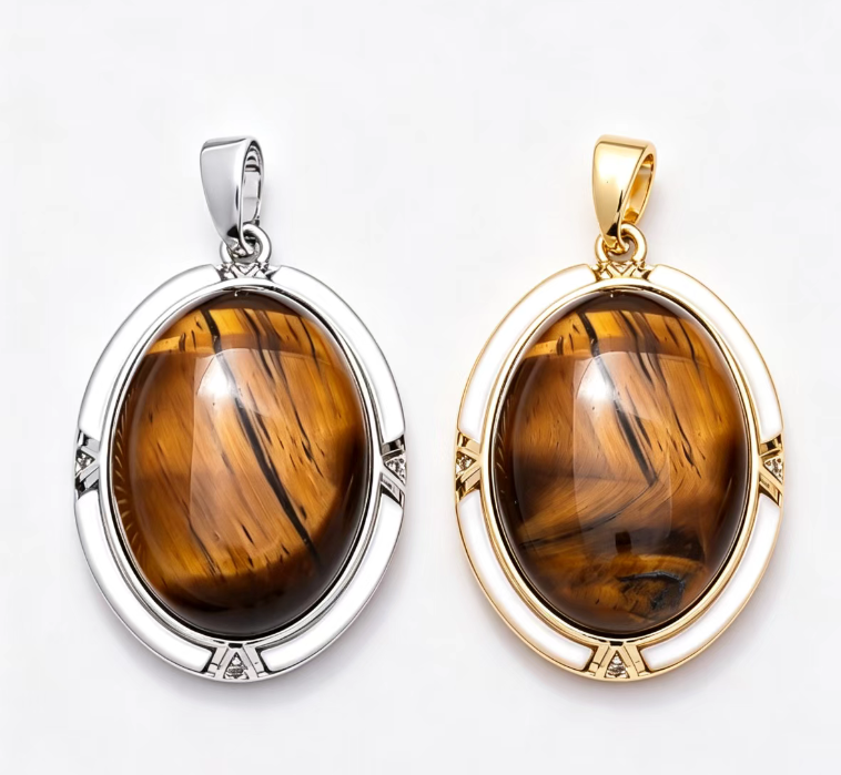 16K Gold Filled 26mm Oval Tiger Eye Cabochon Natural Gemstone Pendant | Charms-01940 - Charms-01941