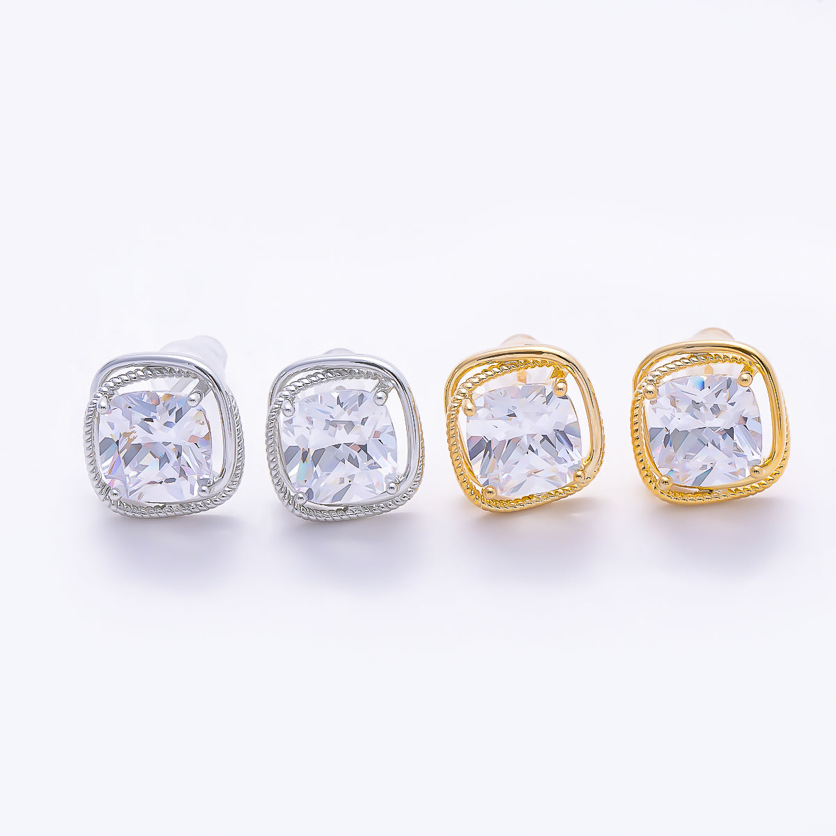 16K Gold Filled 12mm Clear CZ Solitaire Square Geometric Bezel Stud in Gold & Silver | Earrings-00769 Earrings-00770