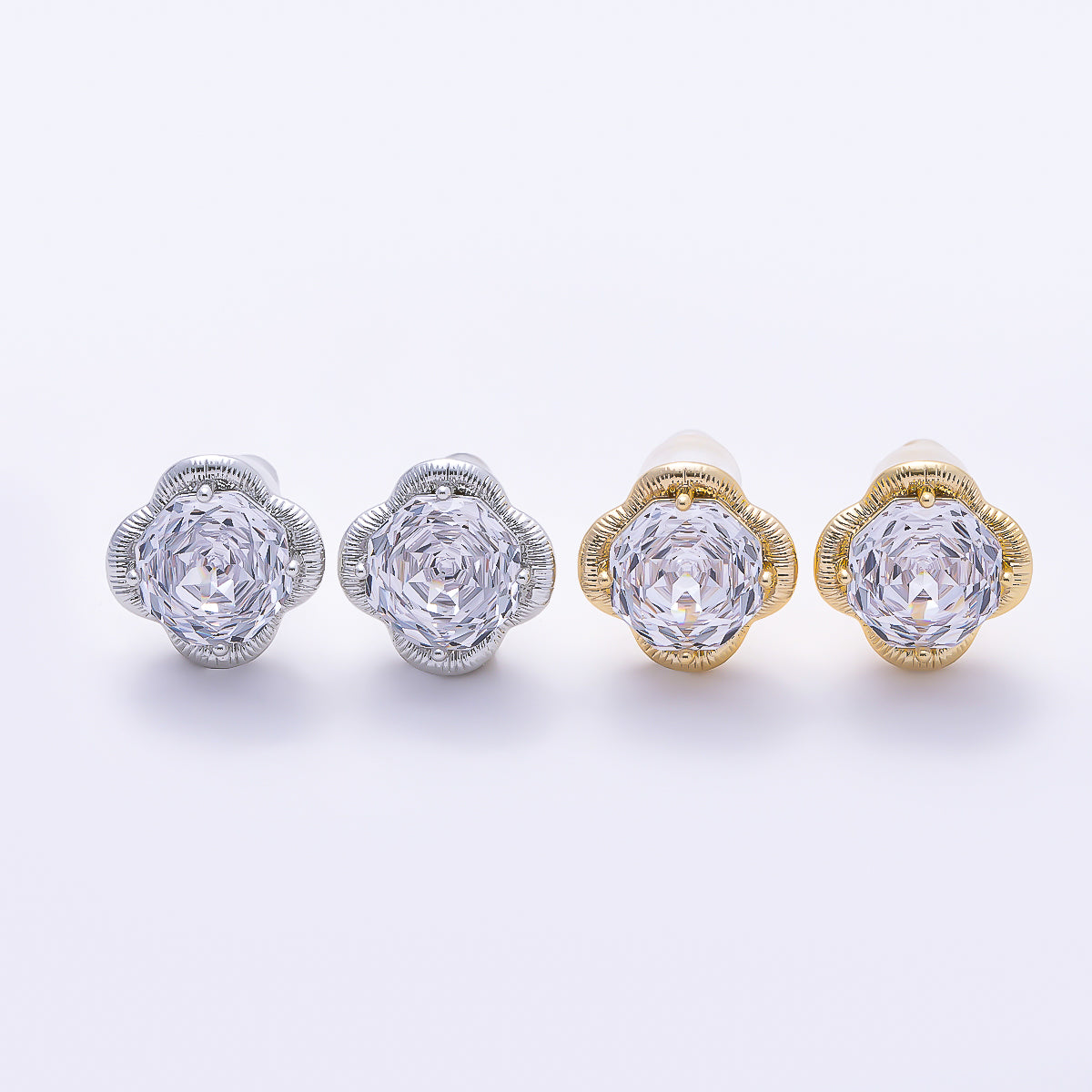 16K Gold Filled 11.5mm Clear CZ Hexagon Ribbed Flower Stud in Gold & Silver | Earrings-00767 Earrings-00768