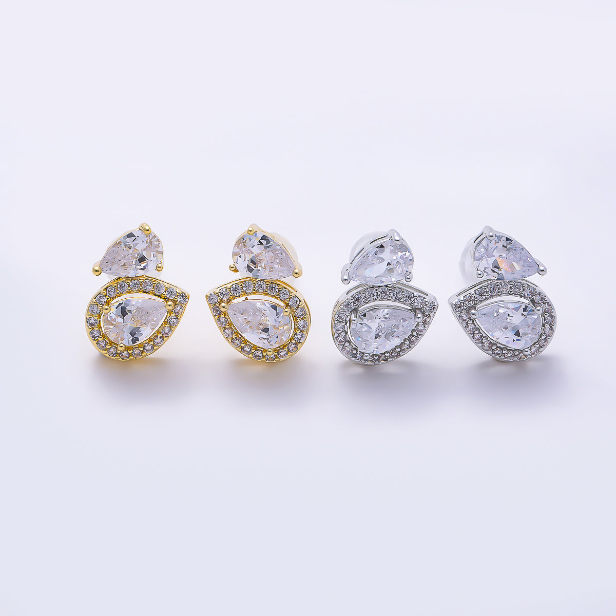 16K Gold Filled 10mm Clear Teardrop Micro Paved CZ Bezel Stud in Gold & Silver | Earrings-00773 Earrings-00774