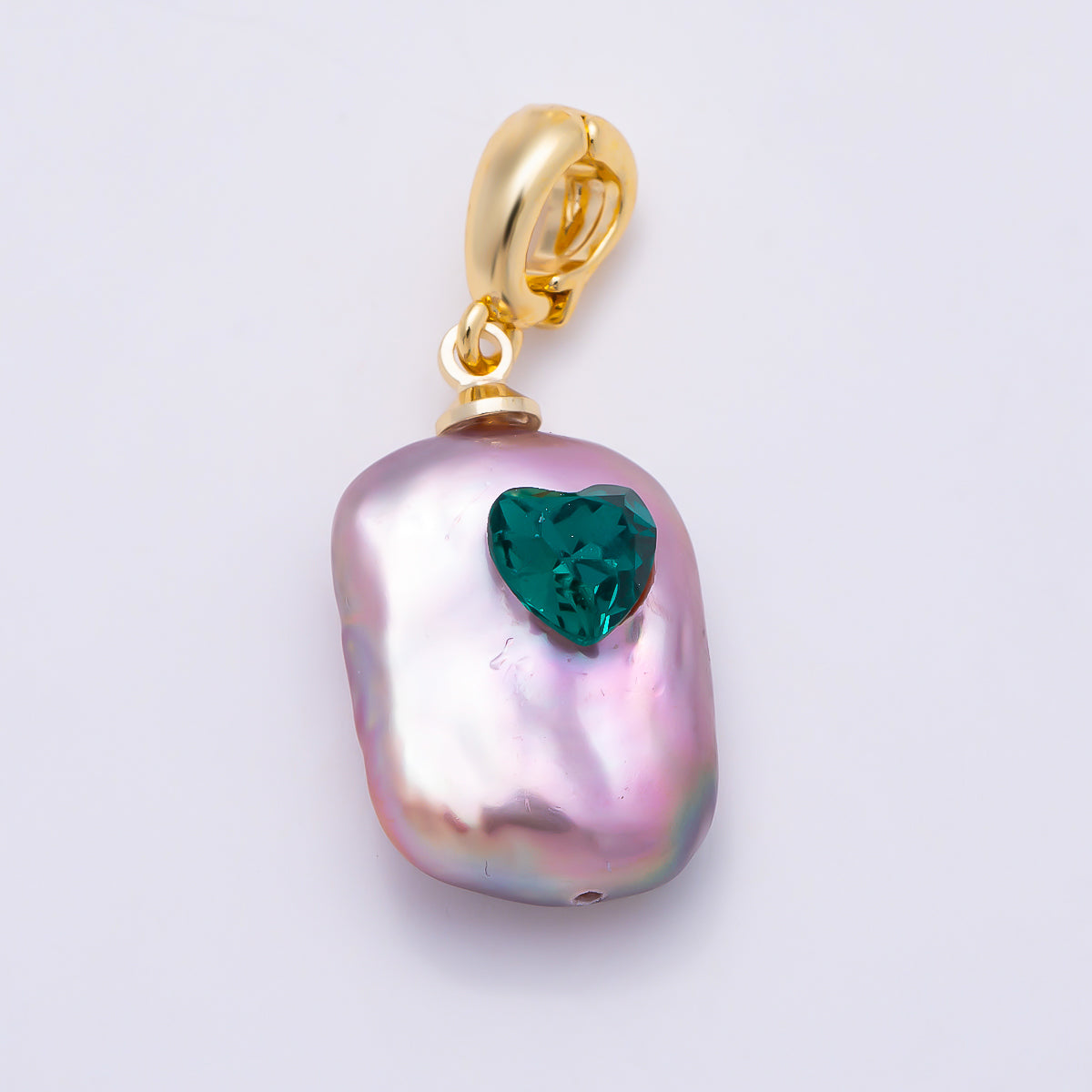 16K Gold Filled 22mm Green CZ Heart Embedded Purple Freshwater Pearl Charm | Charms-01632