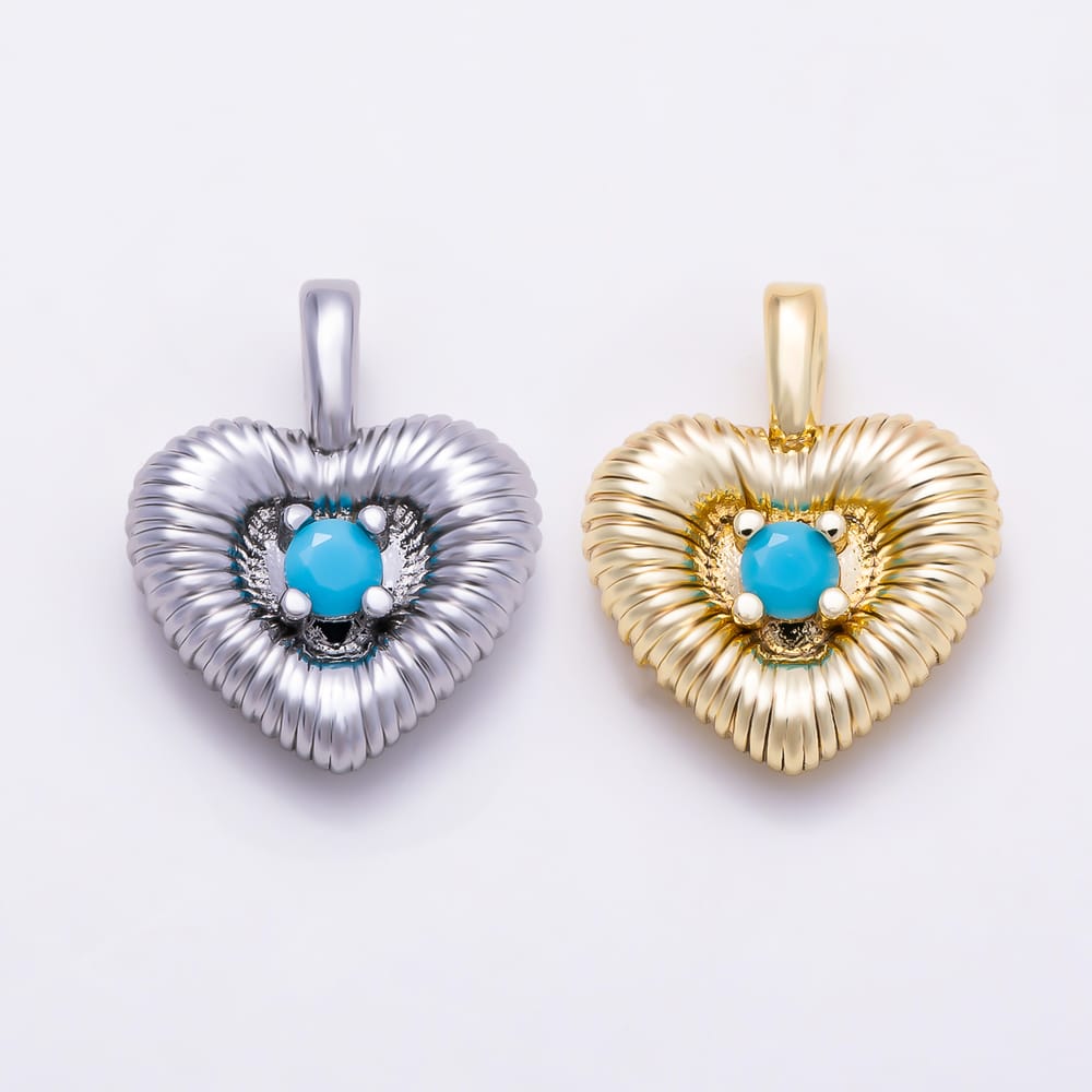 16K Gold Filled 16mm Round Turquoise CZ Vintage Fluted Ribbed Heart Charm | Charms-02204 - Charms-02205