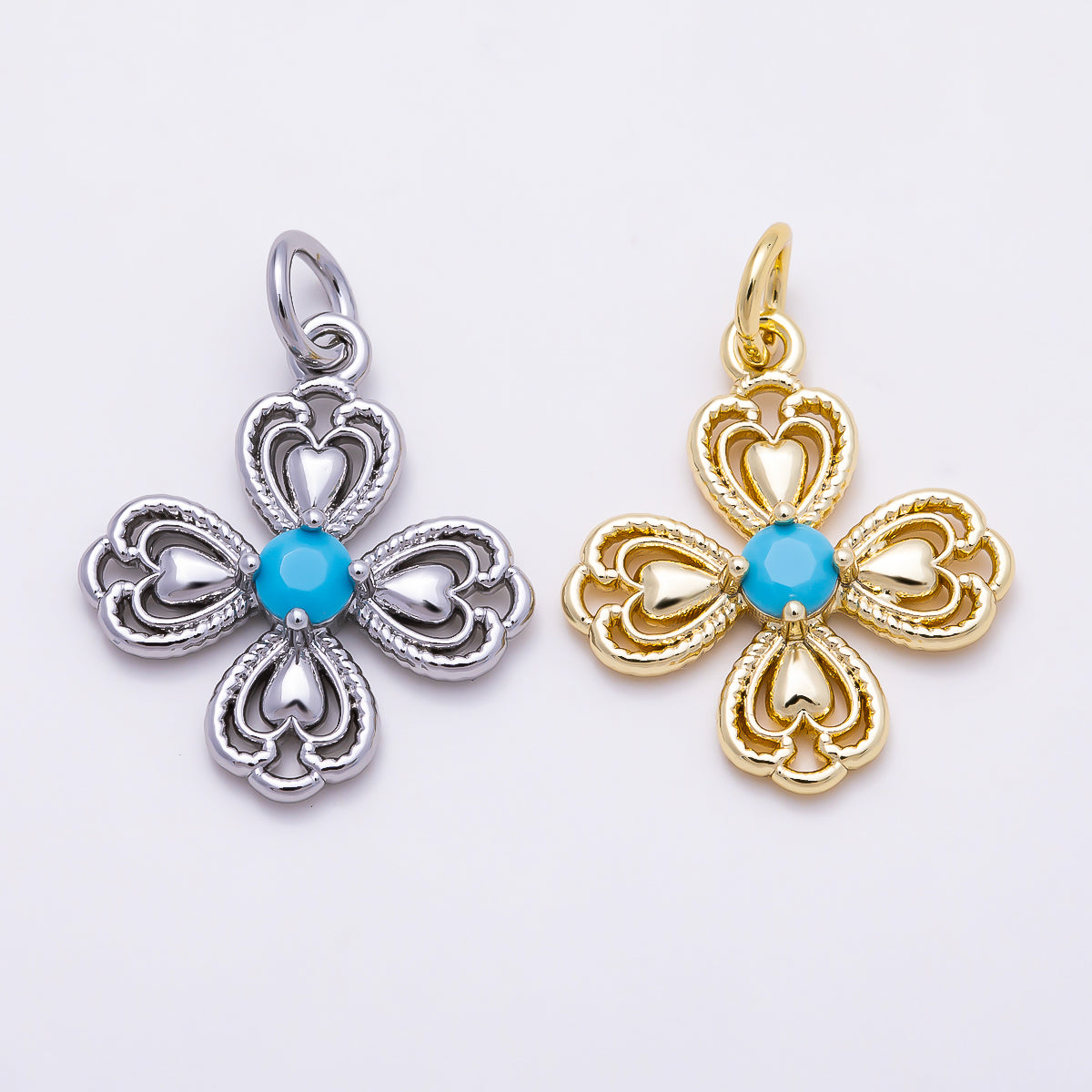 16K Gold Filled 18mm Turquoise CZ Vintage Filigree Four Leaf Lucky Clover Charm in Gold & Silver | Charms-01869 - Charms-01870