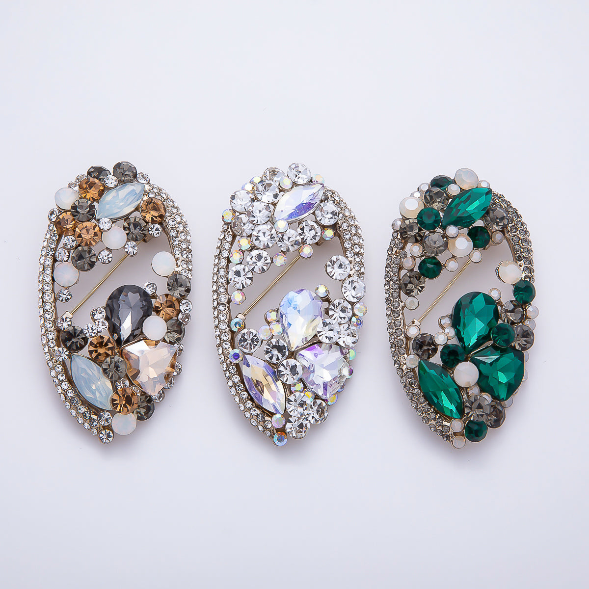 Vintage Gold 63mm Grey, Green, Clear Multi-Cut Rhinestone Open Oval Statement Pin Brooch | BH-00177 ~ BH-00179