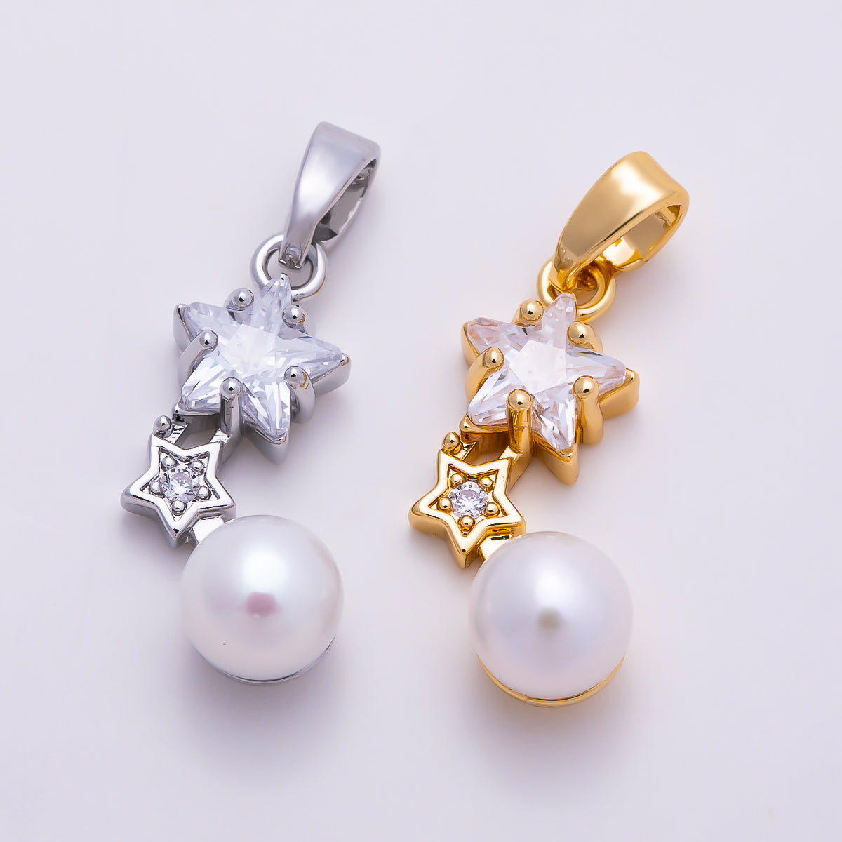 16K Gold Filled 19mm Double Star CZ & Shell Pearl Drop Pendant | Charms-01678 - Charms-01679