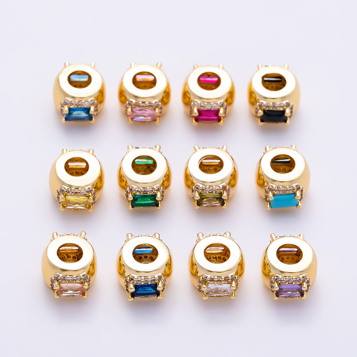 16K Gold Filled 10mm Birthstone Baguette Micro Paved CZ Chubby Rondelle Bead | Beads-00363 ~ Beads-00374