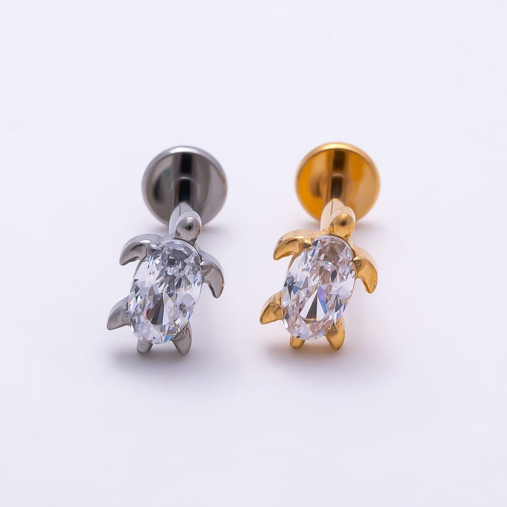 Titanium 7mm Oval CZ Sea Turtle Cartilage Piercing Flat Back Stud in Gold & Silver | BJ-00263 BJ-00264