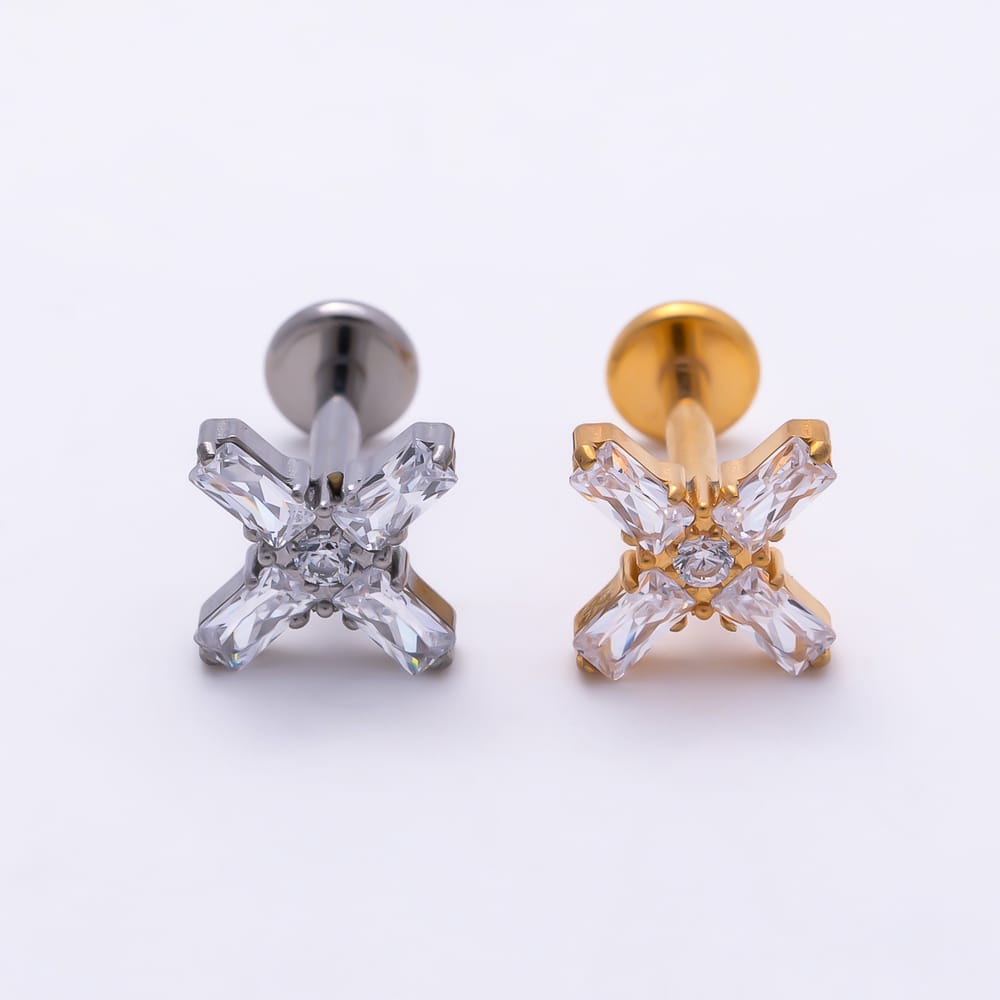 Titanium 9mm Baguette CZ Cross Cartilage Piercing Flat Back Stud in Gold & Silver | BJ-00269 BJ-00270