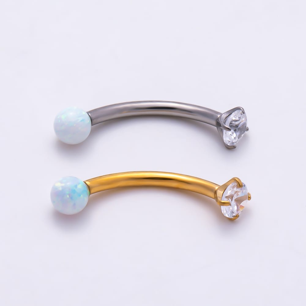 Titanium 3mm White Opal CZ Curved Eyebrow Barbell Piercing Stud in Gold & Silver | BJ-00295 BJ-00296
