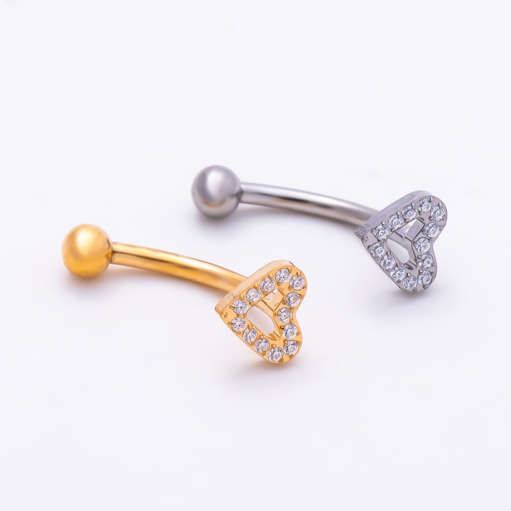 Titanium 4.5mm Open Micro Paved CZ Heart Curved Eyebrow Barbell Piercing Stud in Gold & Silver | BJ-00291 BJ-00292