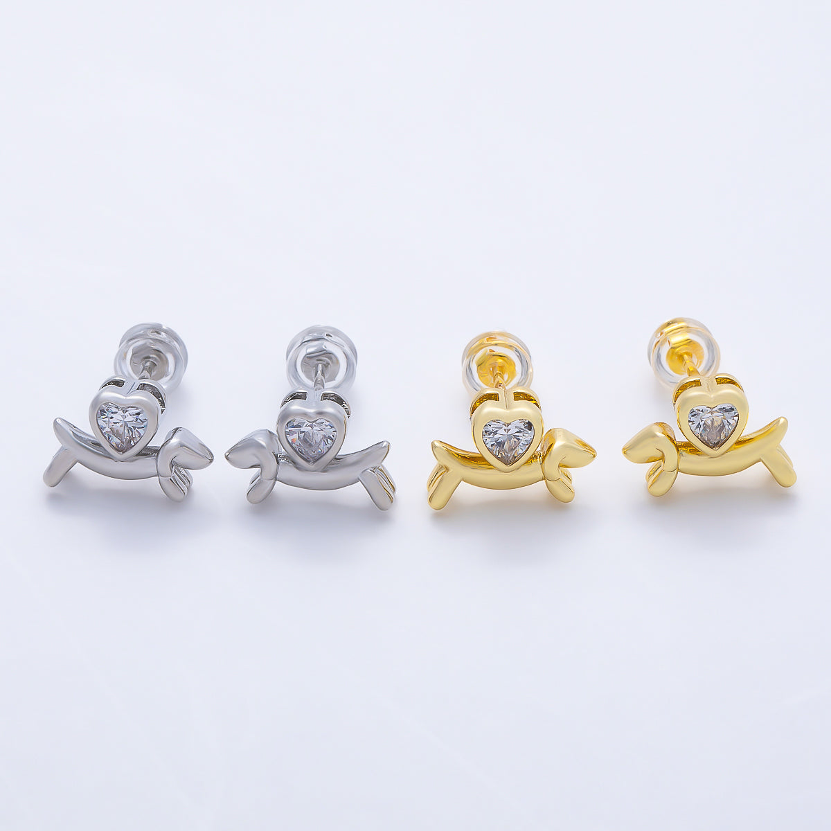16K Gold Filled 15mm Heart CZ Puppy Animal Stud in Gold & Silver | Earrings-00674 Earrings-00675