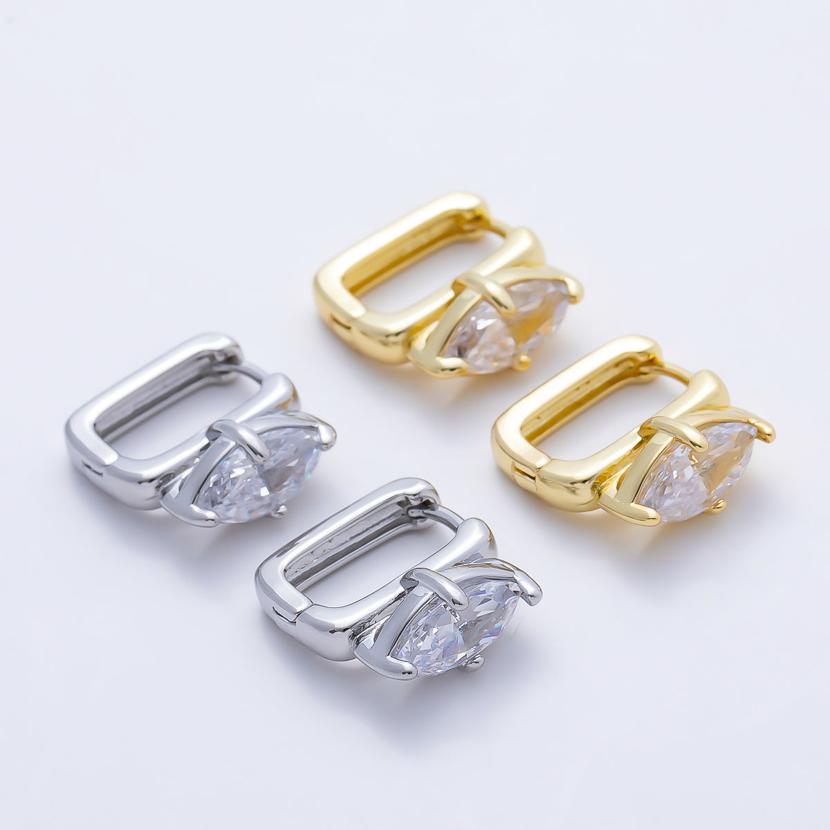 16K Gold Filled 15mm Clear Marquise Prong Rectangle Hoop in Gold & Silver | Earrings-00676 Earrings-00677