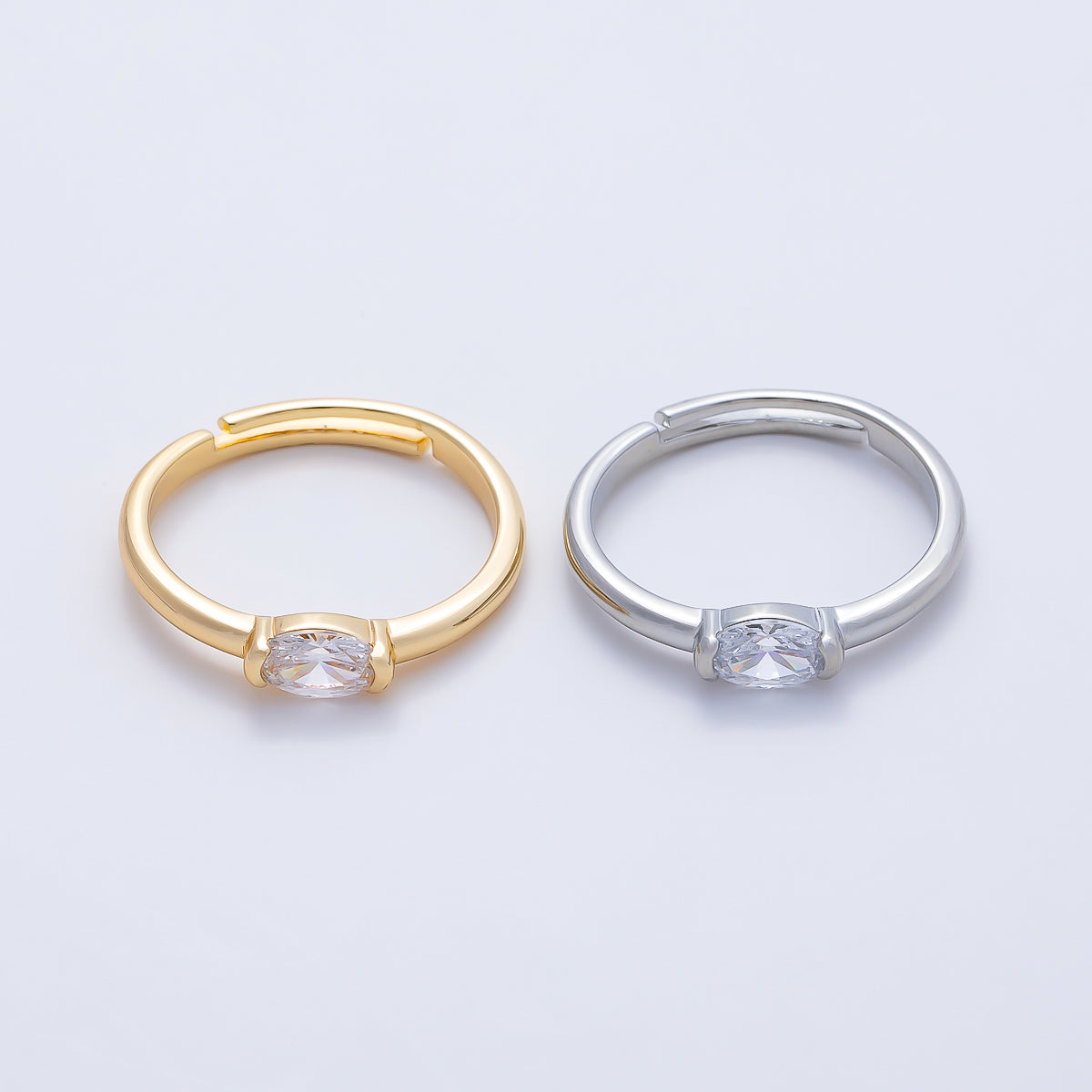 16K Gold Filled Clear Oval CZ Solitaire Adjustable Ring in Gold & Silver | Rings-00167 Rings-00168