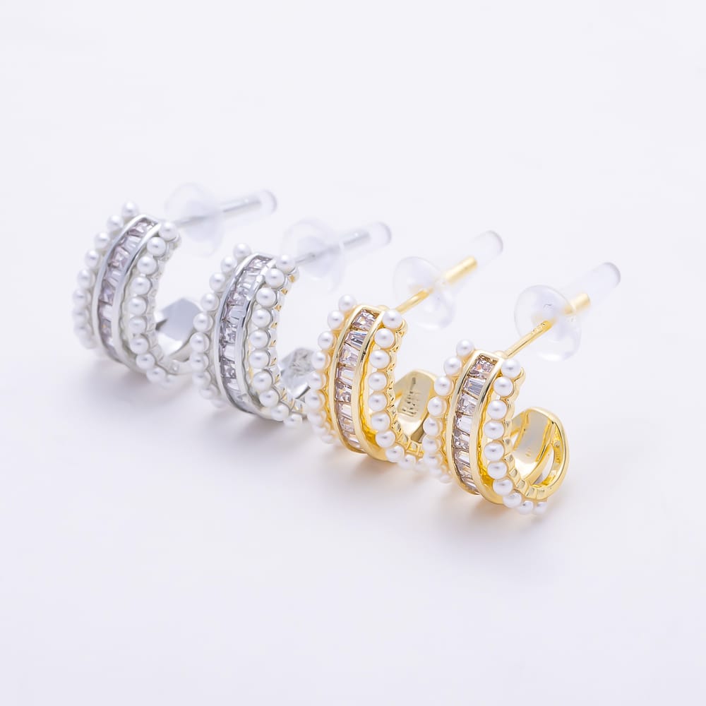 16K Gold Filled 16mm Baguette CZ & Shell Pearl Edged C-Hoop Earrings | Earrings-00985 - Earrings-00986
