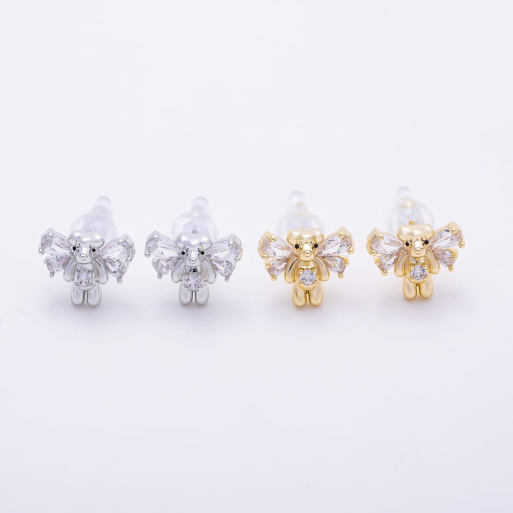 16K Gold Filled 12mm 3D Teddy Bear Clear CZ Crystal Wings Stud Earrings| Earrings-00987 - Earrings-00988