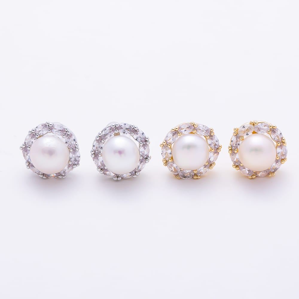 16K Gold Filled 11.5mm Clear Oval CZ Shell Pearl Round Stud Earrings in Gold & Silver | Earrings-01007 Earrings-01008