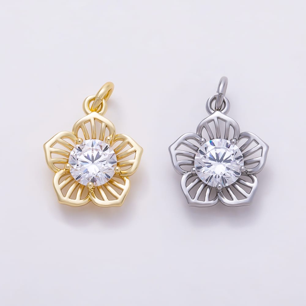 16K Gold Filled 14mm Clear CZ Round Open Flower Charm in Gold & Silver | Charms-02272 Charms-02273