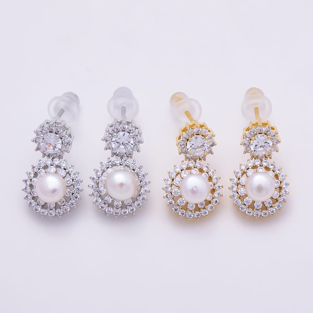 16K Gold Filled 18mm Clear CZ Shell Pearl Round Drop Stud Earrings in Gold & Silver | Earrings-01017 Earrings-01018