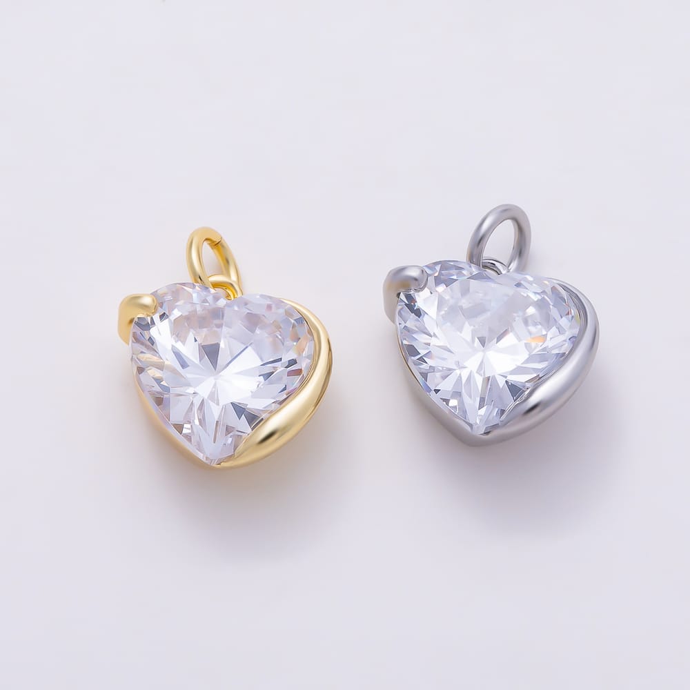 16K Gold Filled 12mm Clear CZ Molten Bezel Heart Charm in Gold & Silver | Charms-02284 Charms-02285
