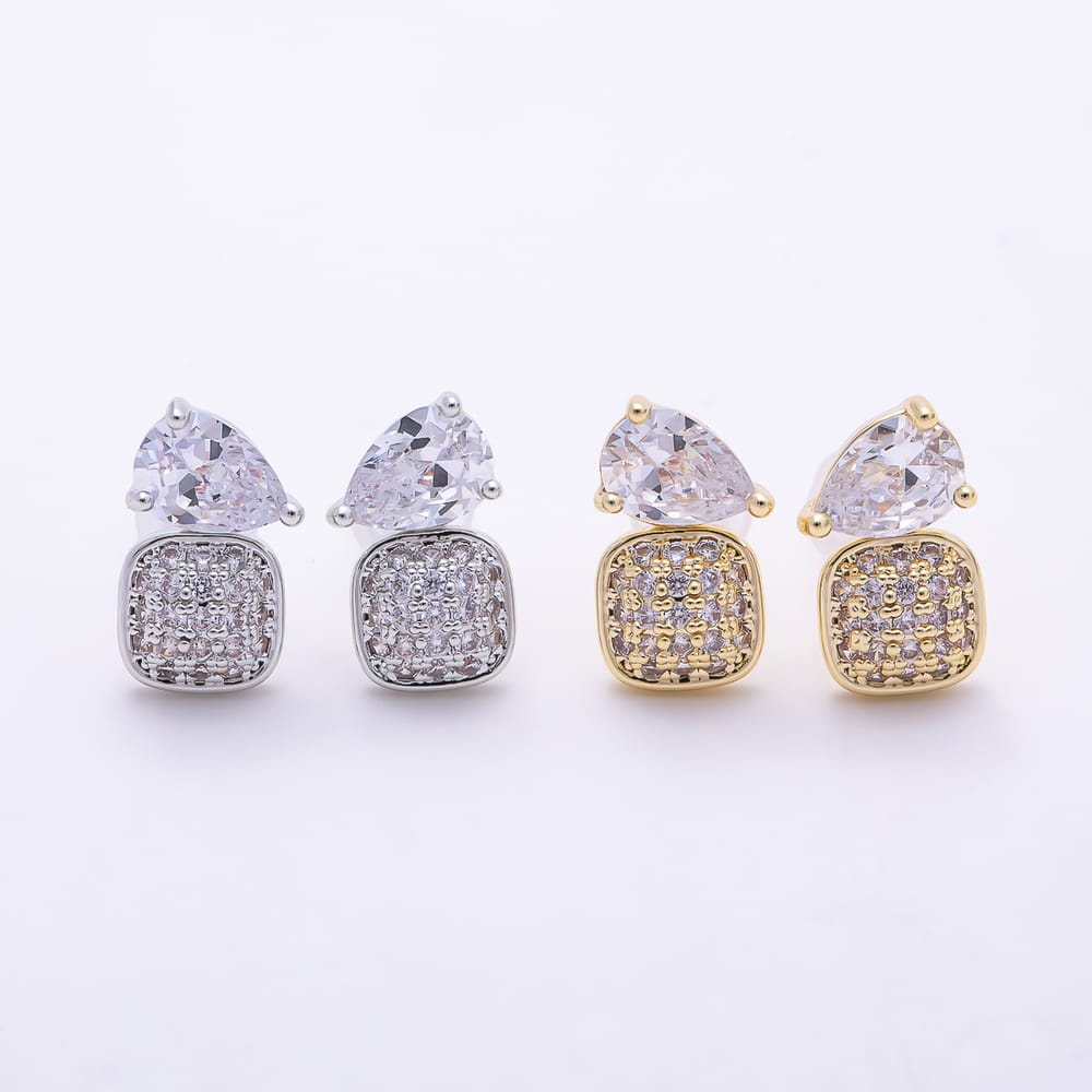 16K Gold Filled 14mm Clear CZ Teardrop Micro Paved Toi et Moi Stud Earrings in Gold & Silver | Earrings-01015 Earrings-01016