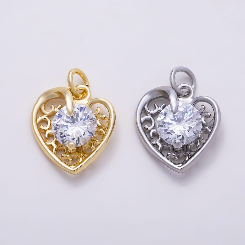 16K Gold Filled 15mm Clear Round CZ Filigree Open Heart Charm in Gold & Silver | Charms-02266 Charms-02267