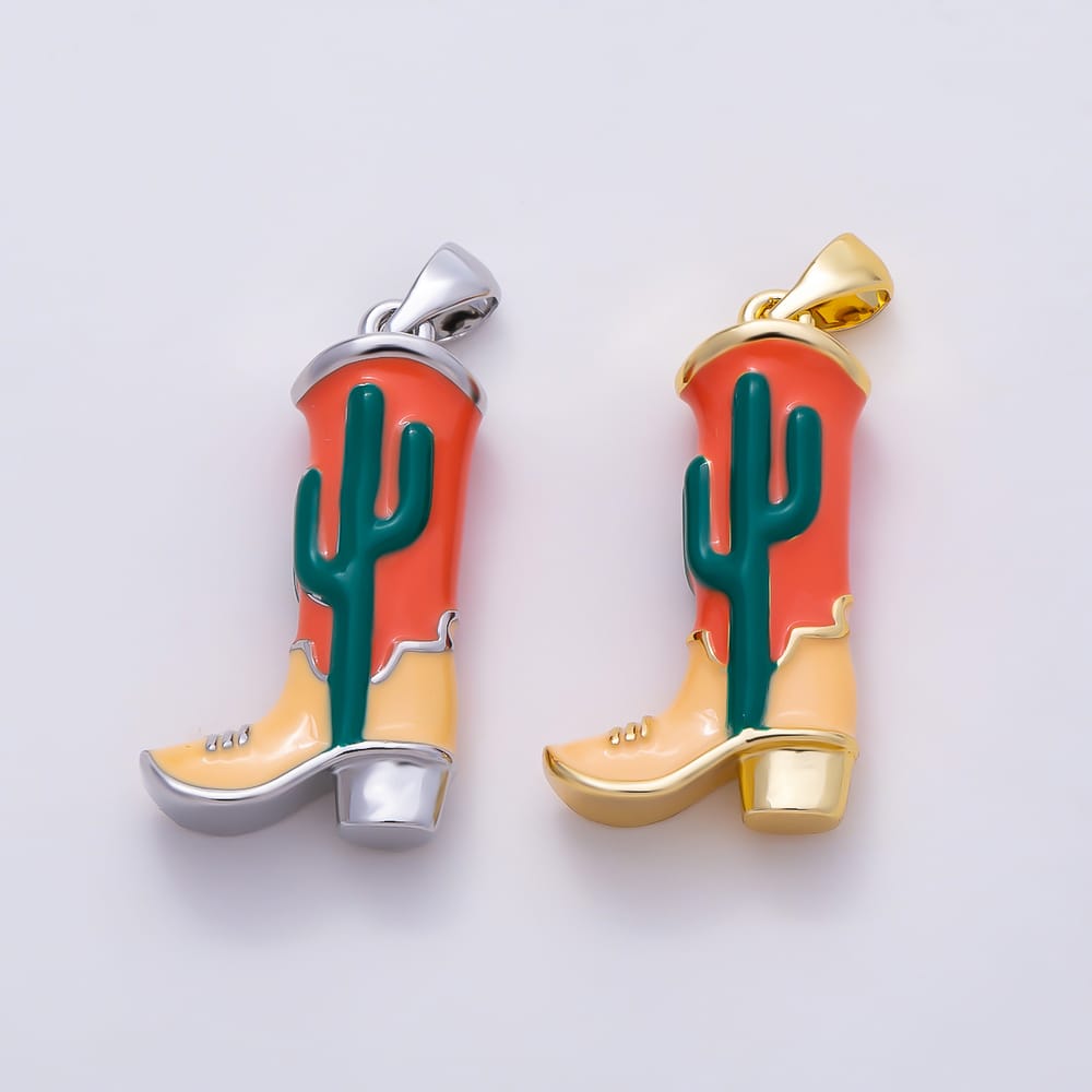 16K Gold Filled 25mm Multicolor Enamel Cactus Cowboy Boot 3D Multidimensional Pendant in Gold & Silver | Charms-02264 Charms-02265