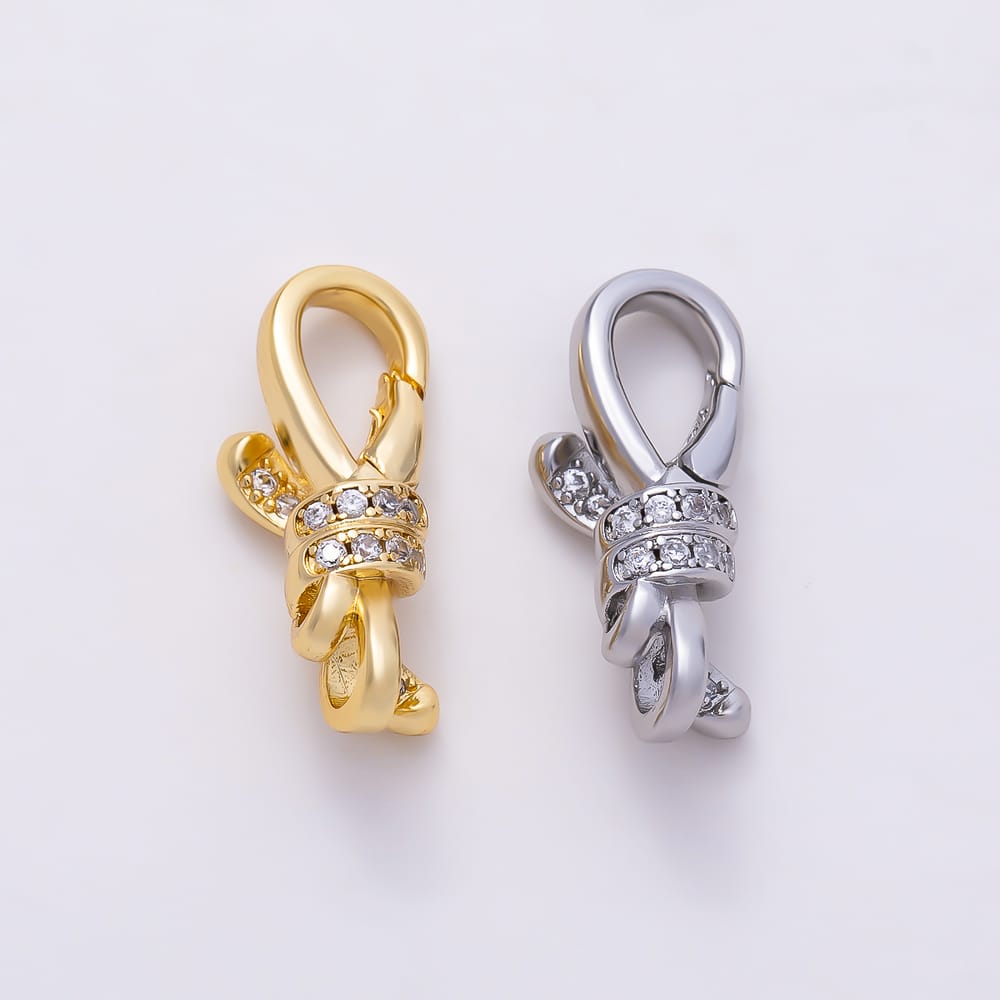 16K Gold Filled 19mm Micro Paved CZ Ribbon Knot Push Triggerless Lobster Clasps in Gold & Silver | Findings-00675 Findings-00676