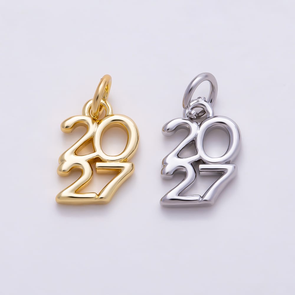 16K Gold Filled 12mm "2027" New Year Minimalist Number Script Charm in Gold & Silver | Charms-02303 Charms-02304