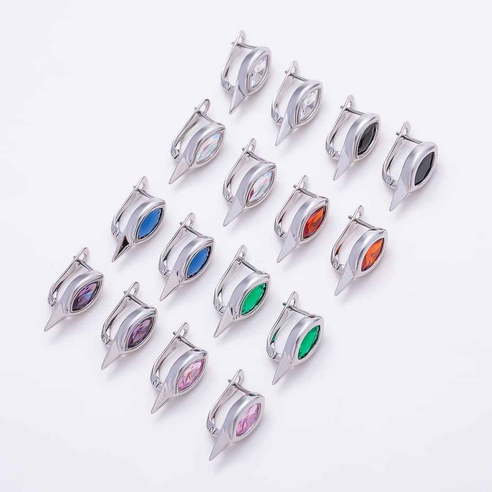 Silver 17mm Pink, Purple, Blue, Red, Green, Clear, AB, Black Marquise CZ Spiked English Lock Hoop Earrings | Earrings-01215 ~ Earrings-01222