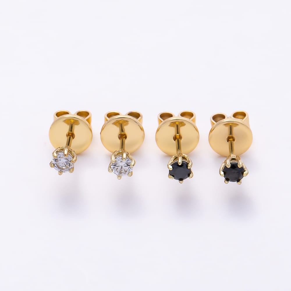 14K Gold Filled 3mm Black, Clear CZ Round 6-Prong Solitaire Mini Stud Earrings | Earrings-01188