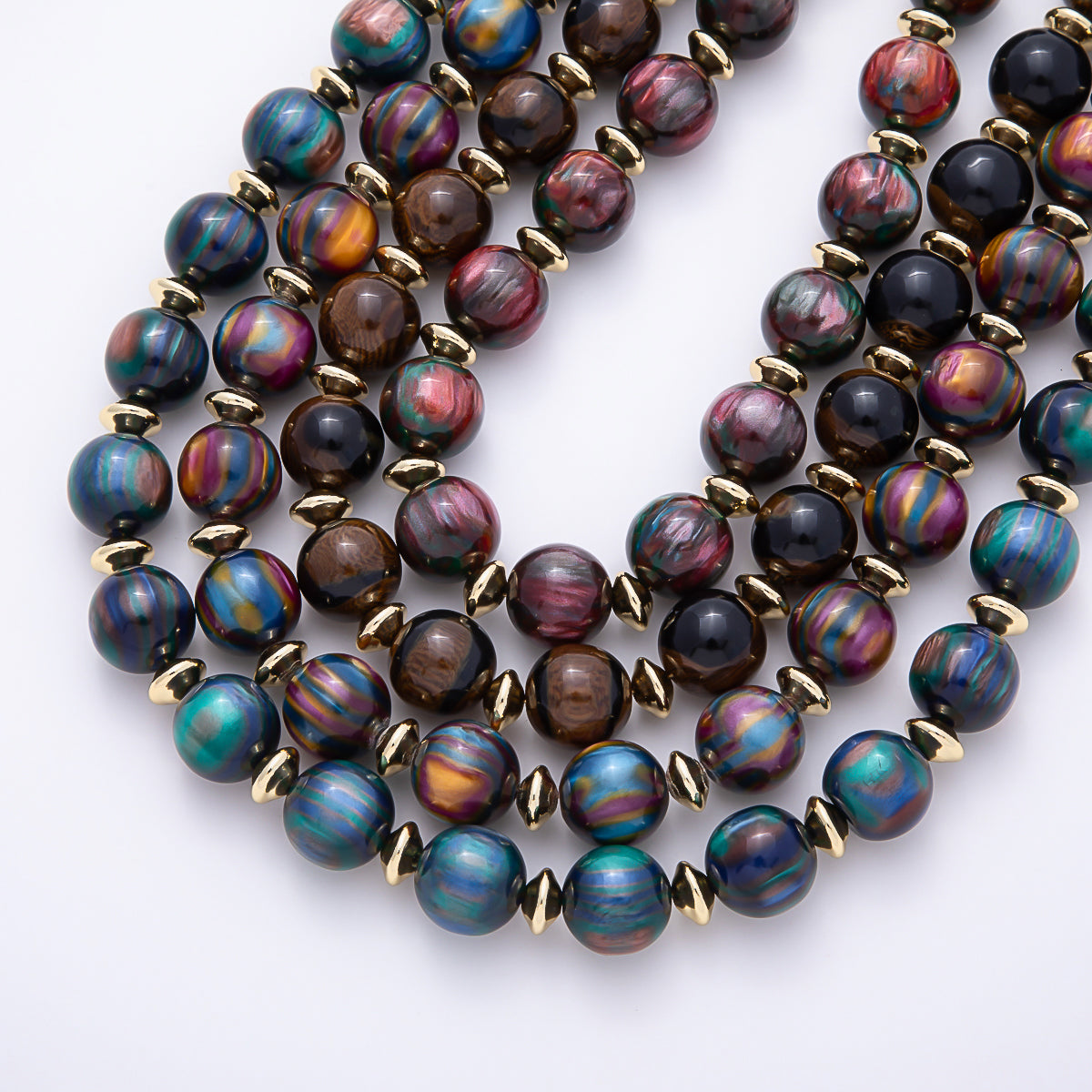 16K Gold Filled 16mm Colorful Swirl Marbled Natural Gemstone Beads 19Inch Necklace | WA-00335