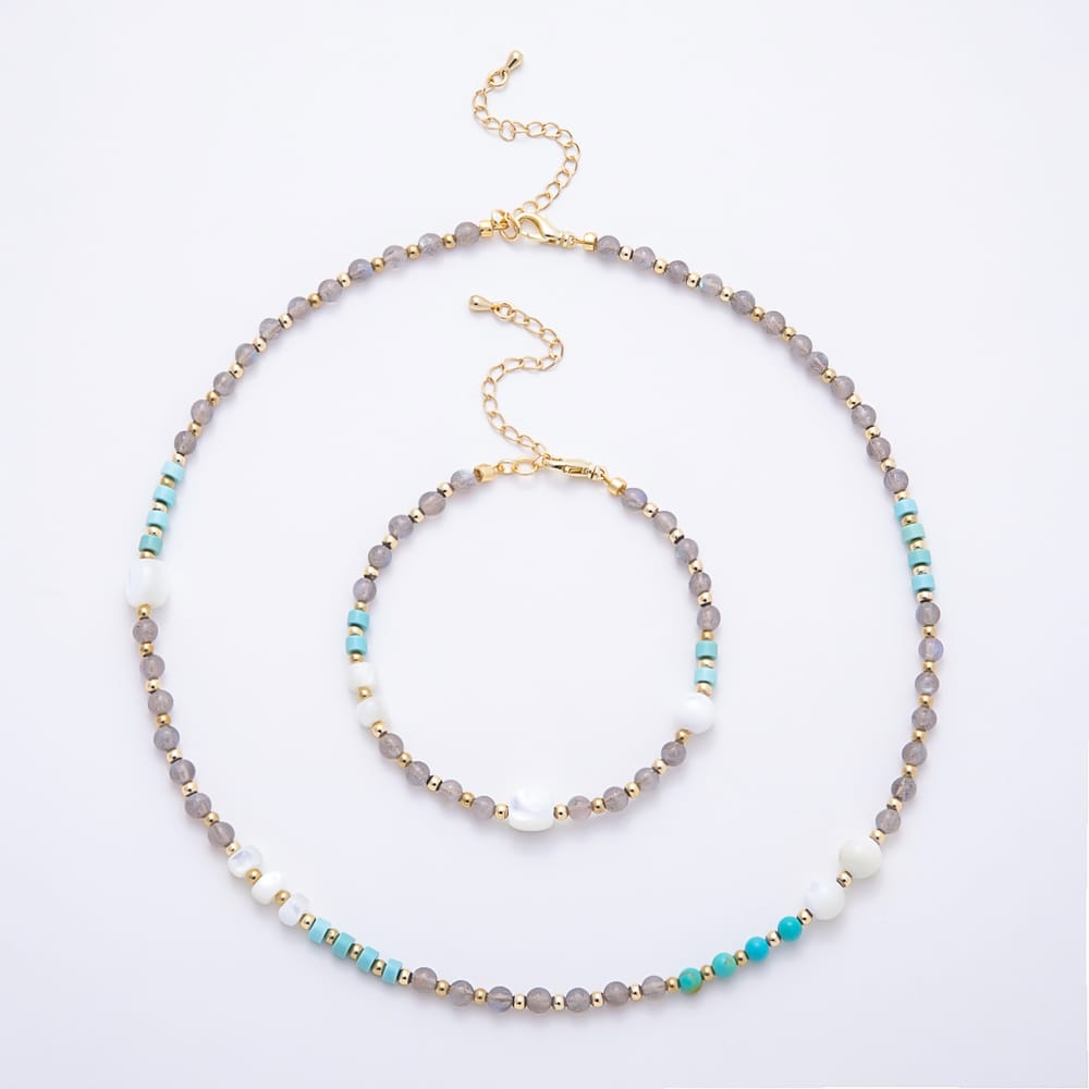 16K Gold Filled 4.5mm Blue Turquoise Labradorite Shell Pearl Round Gemstone Chain 18 Inch Necklace | WA-00631 WA-00639